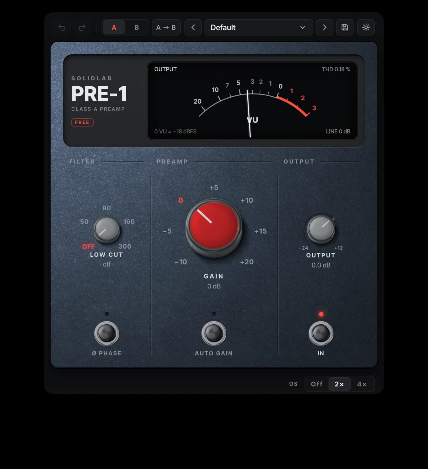 PRE-1 Class A Preamp plugin interface